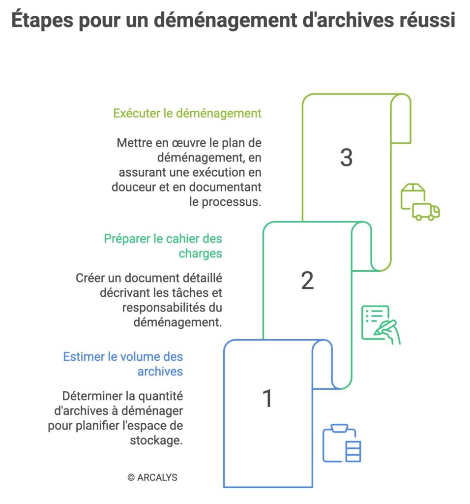 dessin présentant les étapes pour réussir son déménagement d'archives
