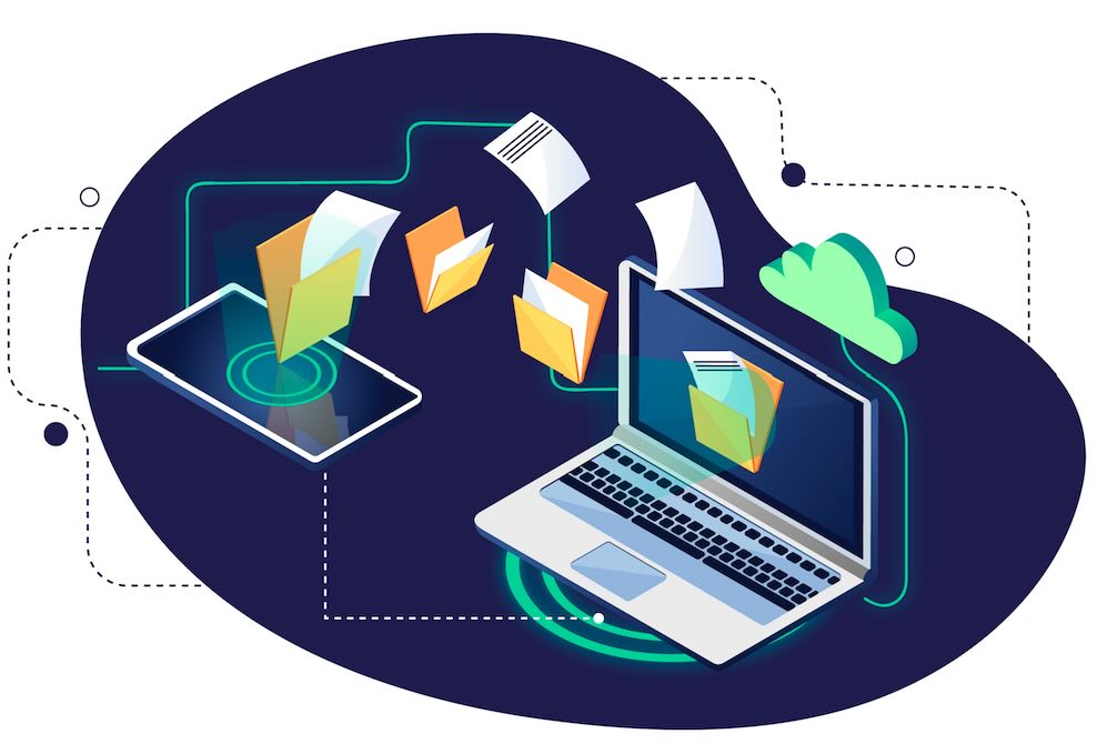 image représentant des feuilles qui s'envolent vers un ordinateur